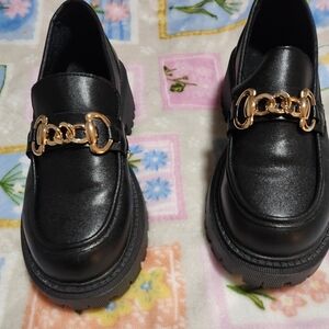 SHEIN Black Loafers with Gold Chain Detail